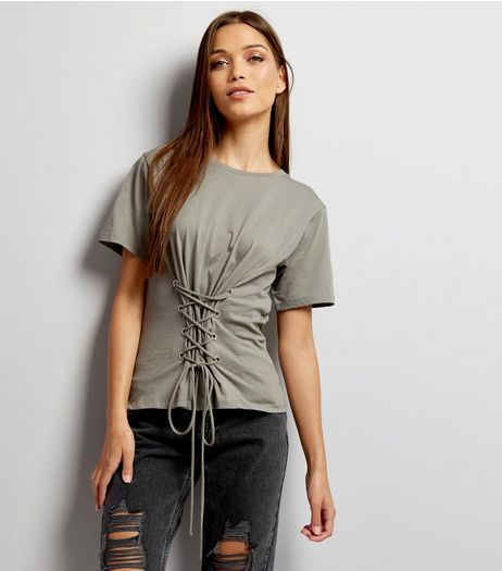 Dark Grey Lace Up Corset T-Shirt | New Look