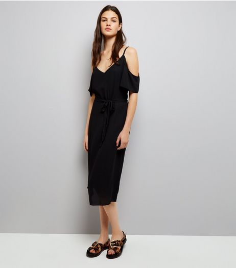 Black Cold Shoulder Midi Slip Dress | New Look