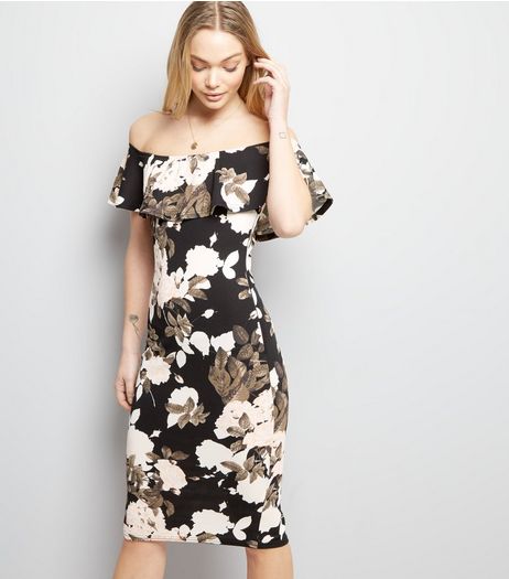 AX Paris Black Floral Print Bardot Neck Bodycon Dress | New Look