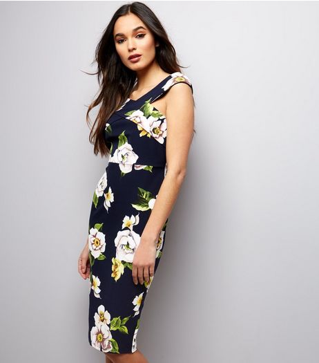 AX Paris Navy Floral Print Cross Strap Front Bodycon Dress | New Look
