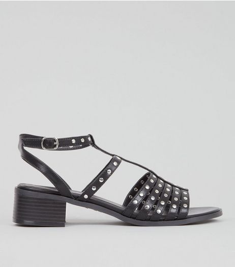 Black Studded Strap Mini Block Heeled Sandals | New Look
