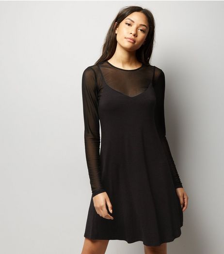 Black Mesh 2 in 1 Slip Dress | New Look