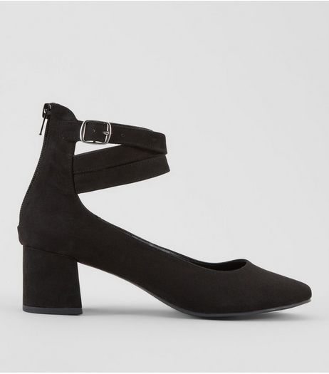 Black Suedette Cross Buckle Strap Mini Block Heels | New Look