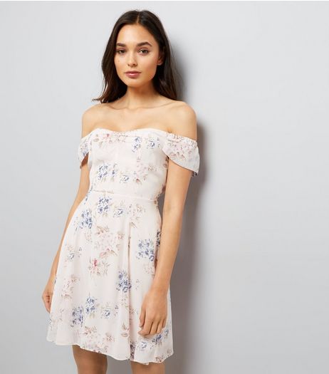 Pink Floral Print Bardot Neck Skater Dress | New Look