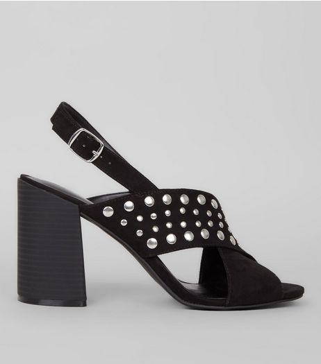 Black Suedette Stud Cross Strap Heels | New Look