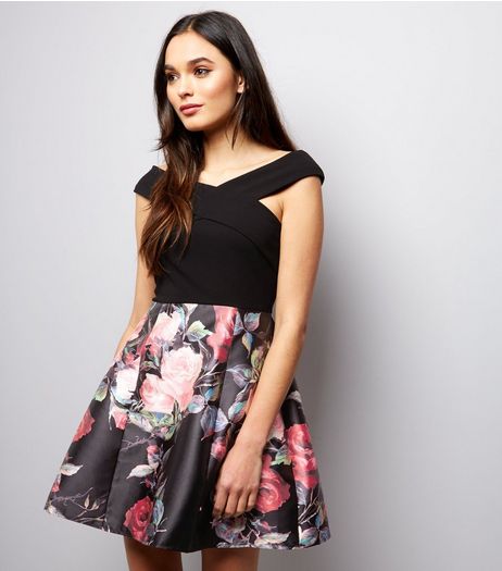 AX Paris Black Floral Print Panel Skater Dress | New Look