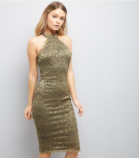 AX Paris Olive Green Lace High Neck Dress | New Look