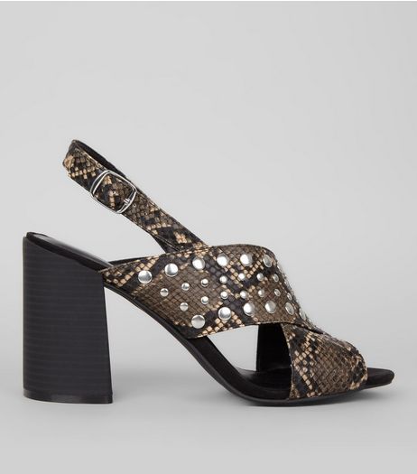 Black Snakeskin Textured Cross Stud Strap Block Heels | New Look