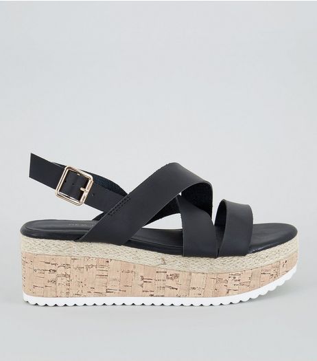 Black Cross Strap Cork Sole Flatforms | New Look