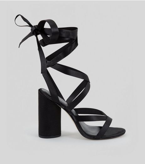 Black Satin Tie Up Block Heels | New Look