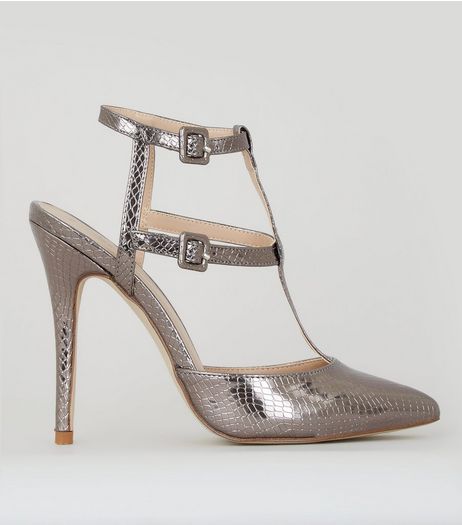 Pewter Snakeskin Texture Pointed Gladiator Heels | New Look