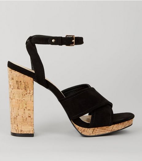 Black Suedette Cross Strap Cork Block Heels | New Look