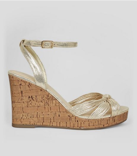 Gold Knot Front Cork Wedge Heels | New Look