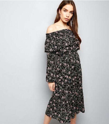 Black Floral Print Frill Trim Bardot Neck Midi Dress | New Look