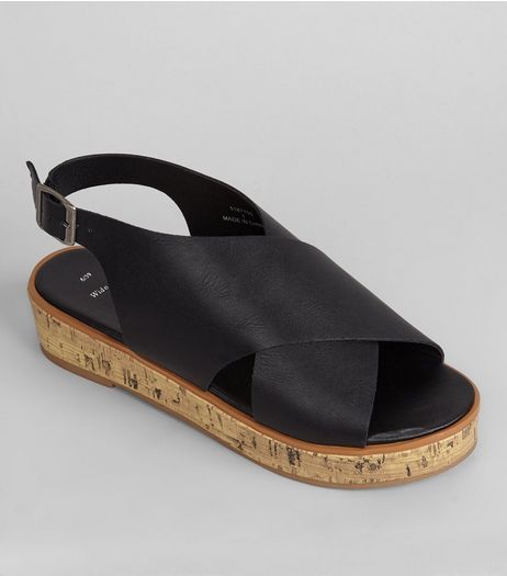Wide Fit Black Wide Cross Strap Flatforms | New Look