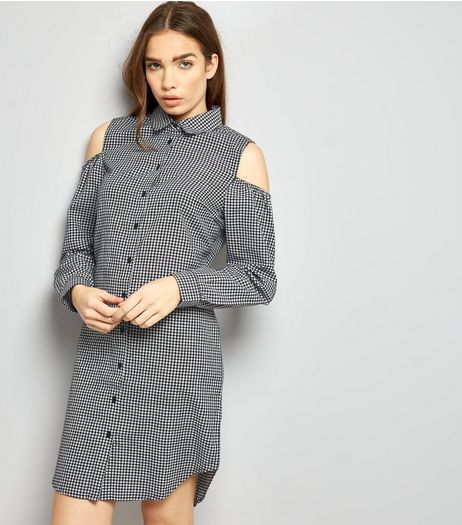 Black Gingham Cold Shoulder Shirt Dress | New Look