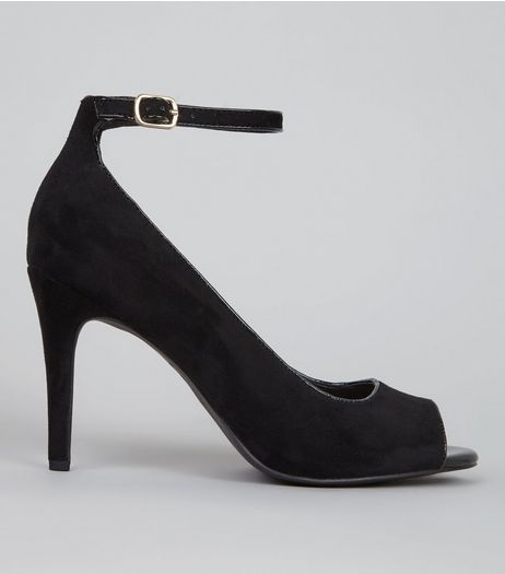 Black Comfort Suedette Patent Trim Peep Toe Heels | New Look