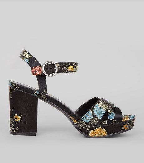 Black Cross Strap Floral Brocade Block Heels | New Look