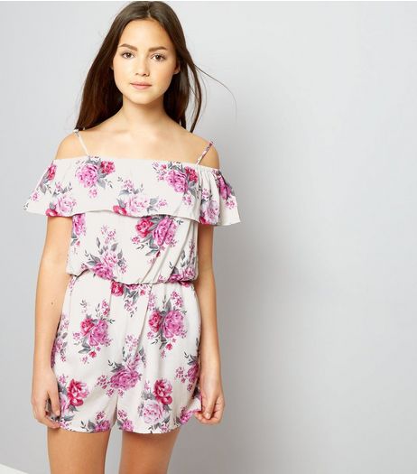 Teens White Floral Frill Trim Bardot Neck Playsuit | New Look