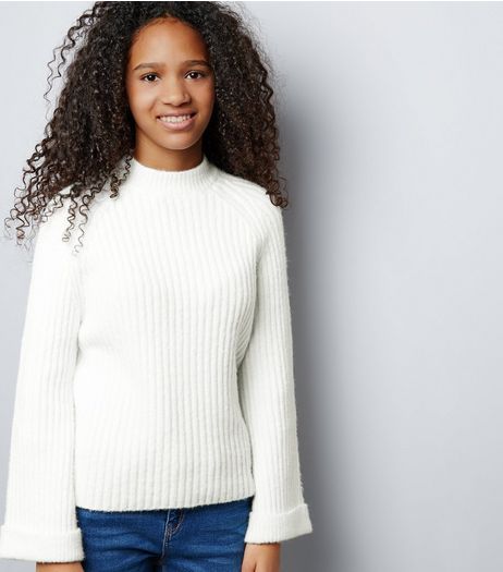 Teens Cream Ribbed Funnel Neck Flared Sleeve Jumper | New Look