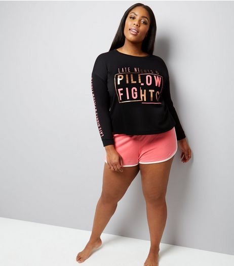 Curves Black Late Nights and Pillow Fights Pyjama Set | New Look