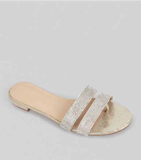 Gold Double Crystal Strap Mules | New Look