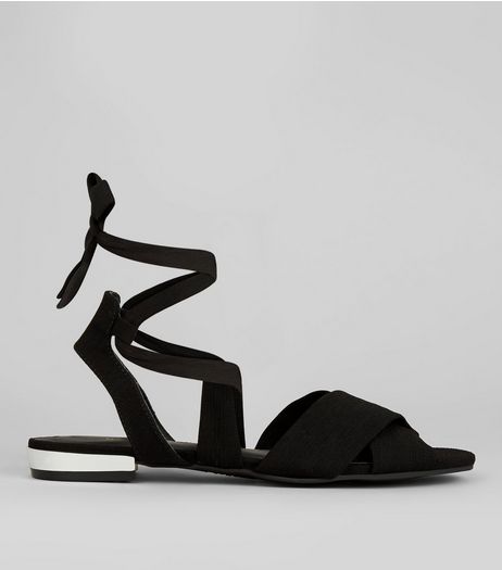 Black Satin Metal Trim Ankle Tie Sandals | New Look