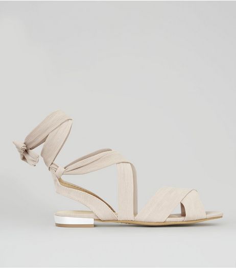 Nude Satin Metal Trim Ankle Tie Sandals | New Look