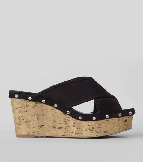 Black Suedette Stud Trim Cork Wedge Heeled Mules | New Look