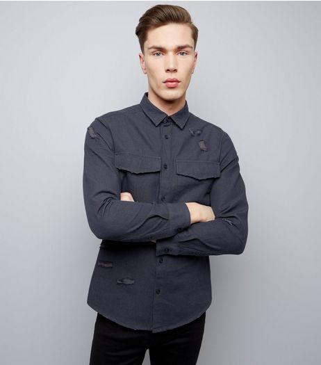 Navy Double Pocket Ripped Long Sleeve Shirt | New Look