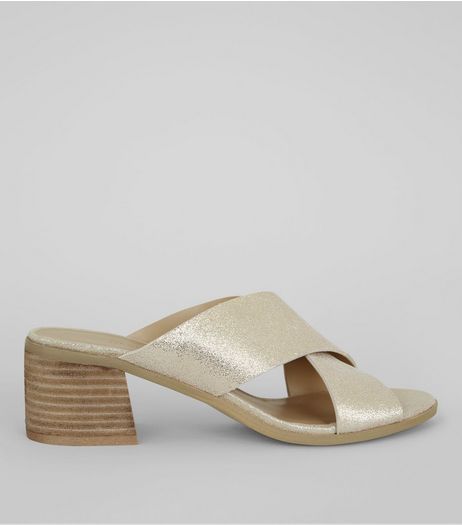 Gold Leather Cross Strap Mules | New Look