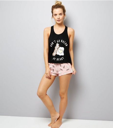 Petite Black Don't Go Bacon My Heart Pyjama Set | New Look