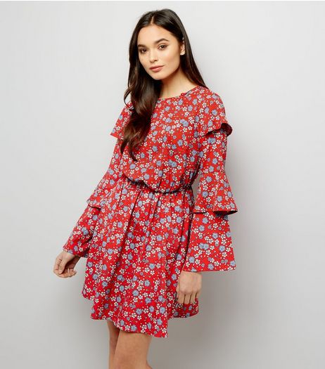 Red Ditsy Floral Print Layered Sleeve Dress | New Look