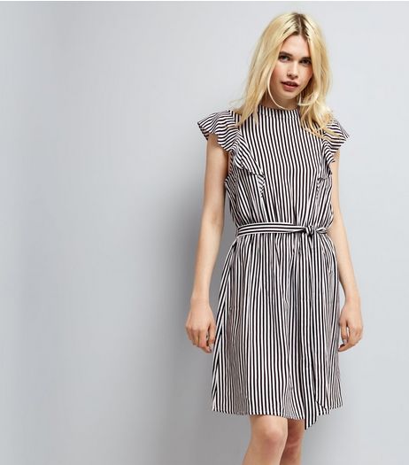 Black Stripe Frill Trim Tie Waist Dress | New Look