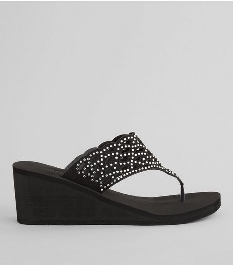 Black Diamante Strap Wedged Flip Flops | New Look