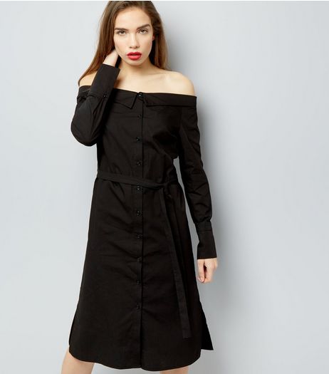 Black Bardot Neck Long Sleeve Dress | New Look