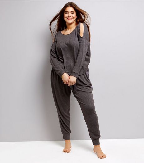 Curves Grey Brushed Jersey Cold Shoulder Lounge Sweater | New Look