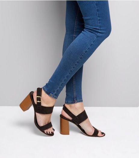 Wide Fit Black Suedette Flared Heel Sandals | New Look