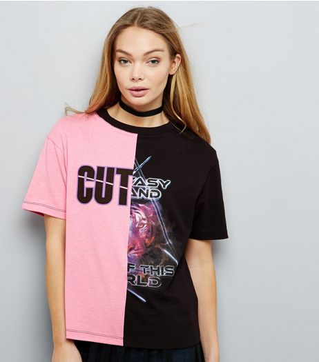 Black Colour Block Spliced T-Shirt | New Look