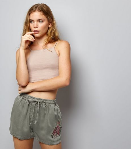 Olive Green Floral Embroidered Running Shorts | New Look