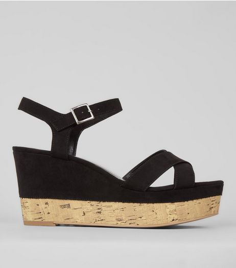 Black Suedette Cork Sole Cross Strap Wedges | New Look