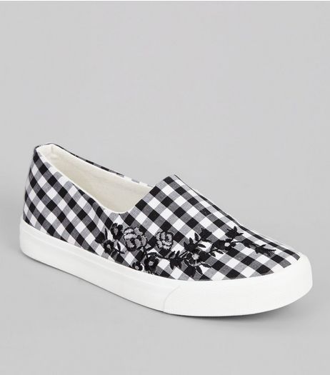 Black Gingham Floral Embroidered Plimsolls | New Look