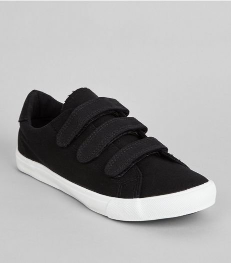 Black Canvas Triple Velcro Strap Plimsolls | New Look