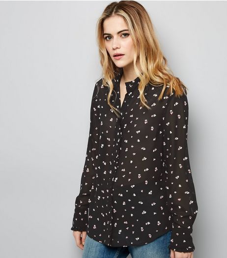 Black Daisy Print Long Sleeve Shirt | New Look