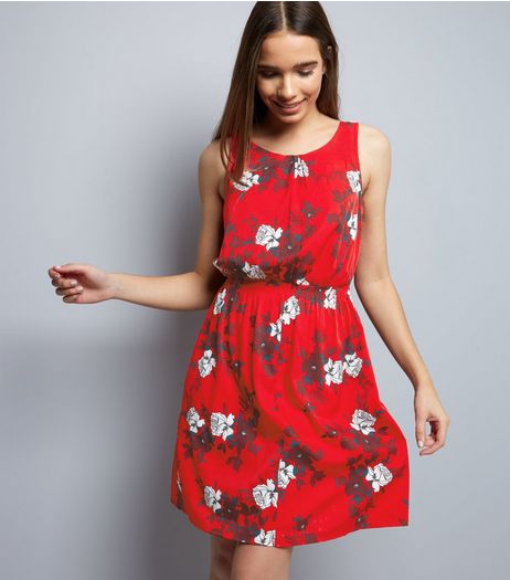 Tall Red Floral Print Gathered Waist Dress | New Look