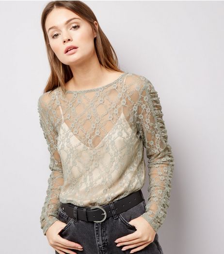 Grey Lace Ruched Sleeve Top | New Look