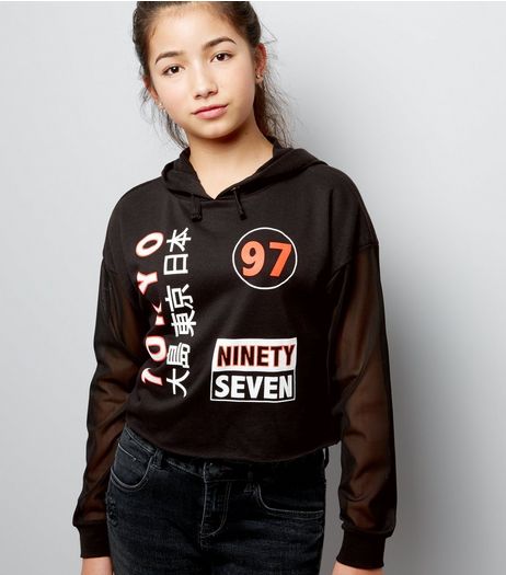 Teens Black Mesh Sleeve Tokyo 97 Logo Hoodie | New Look