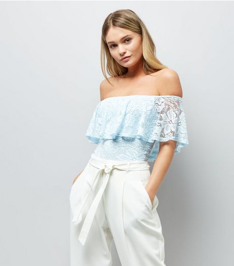 Blue Lace Frill Trim Bardot Neck Bodysuit | New Look