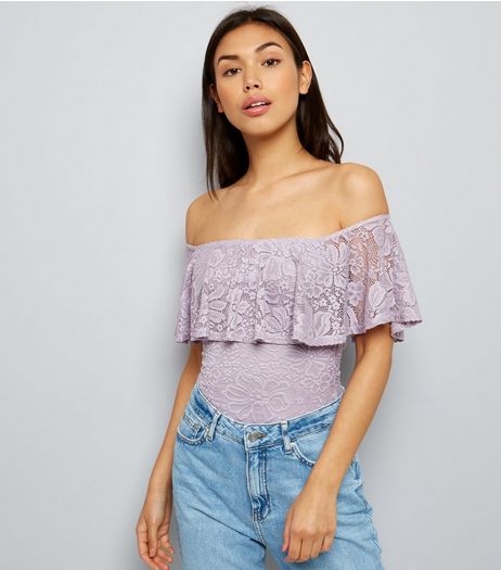 Lilac Lace Frill Trim Bardot Neck Bodysuit | New Look