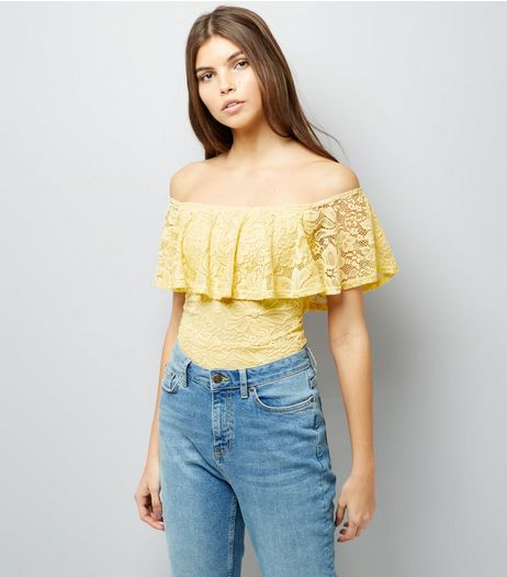 Yellow Lace Bardot Neck Bodysuit | New Look